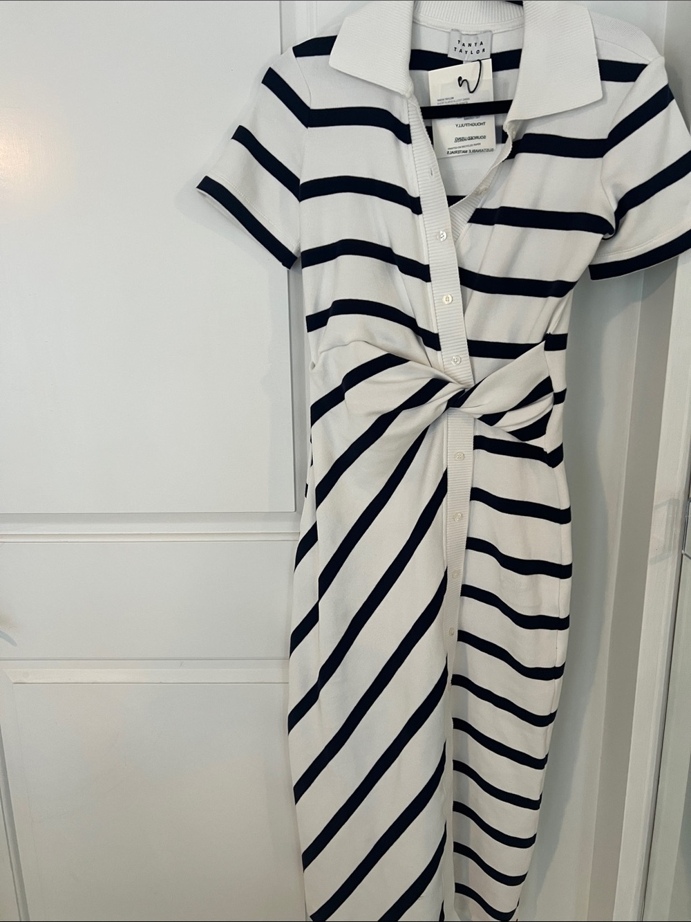 Tanya Taylor Ellicot short sleeve asymmetric Striped Polo Dress White/Black NWT